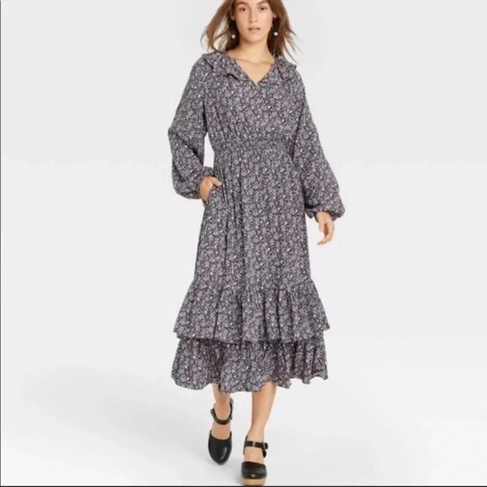 4/$25 Universal Thread Navy Blue Floral Ruffle Maxi Dress Sz XS